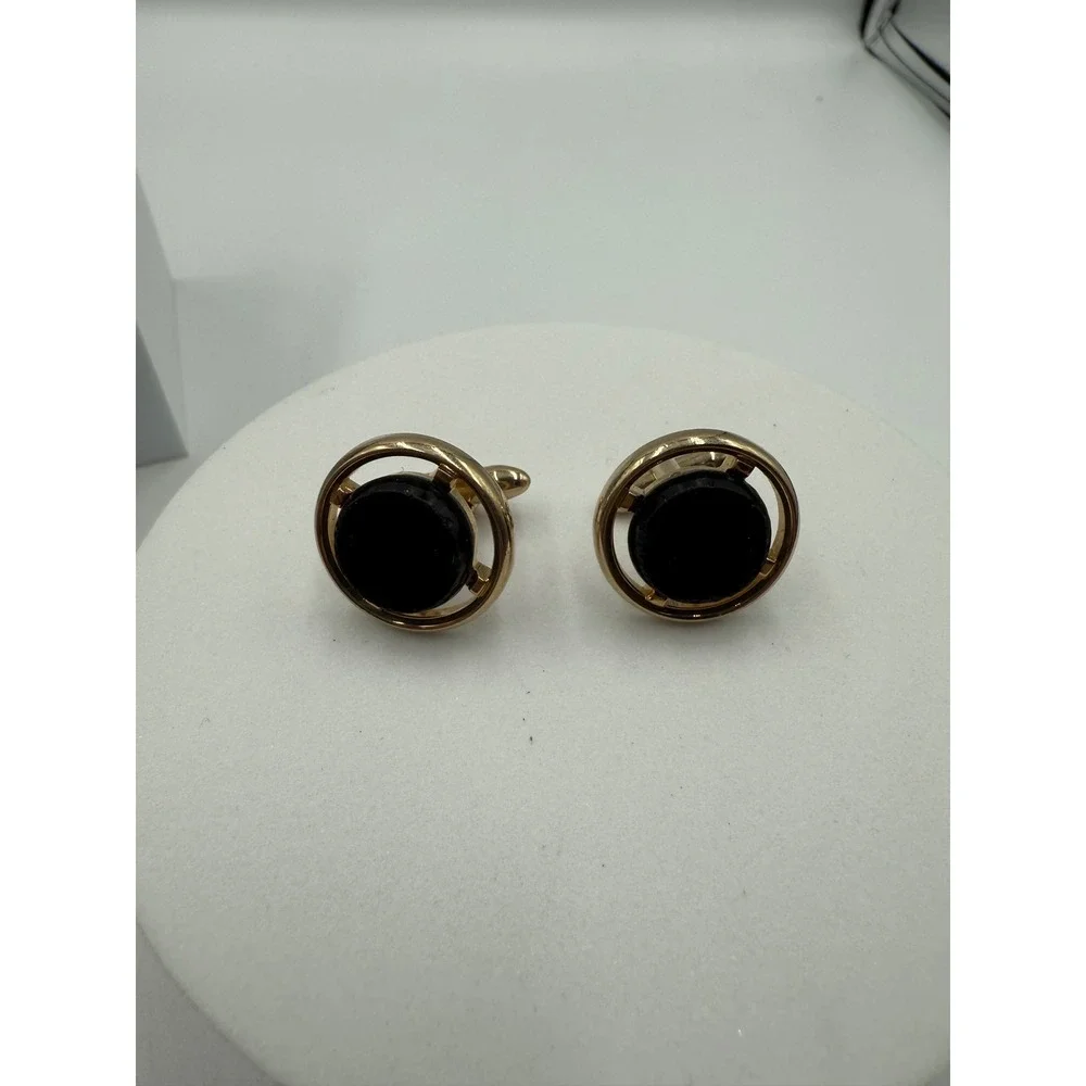 Vintage Gold Tone Round Black Stone Cufflinks Geometric Formal Wedding Mens